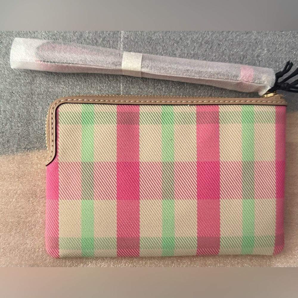 COACH 💕 Corner Zip Wristlet Wallet with Pink & Green Plaid Print - Picture 3 of 7